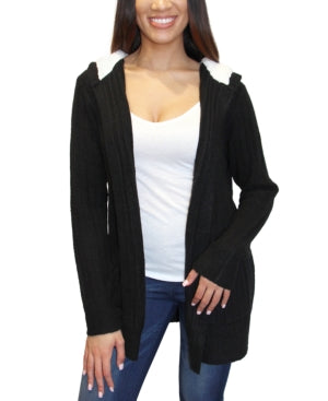 Fame Size XS Cozy Knit Sherpa Trim Cardigan - Black