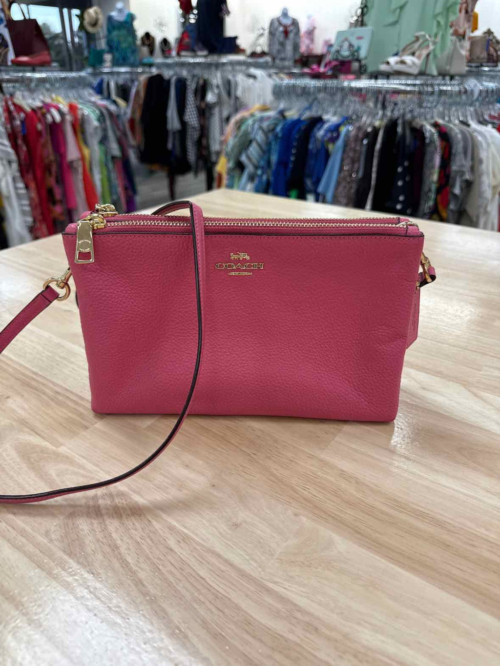 Coach Pink Lyla Double Zip Crossbody Pebbled Leather Preloved Handbag