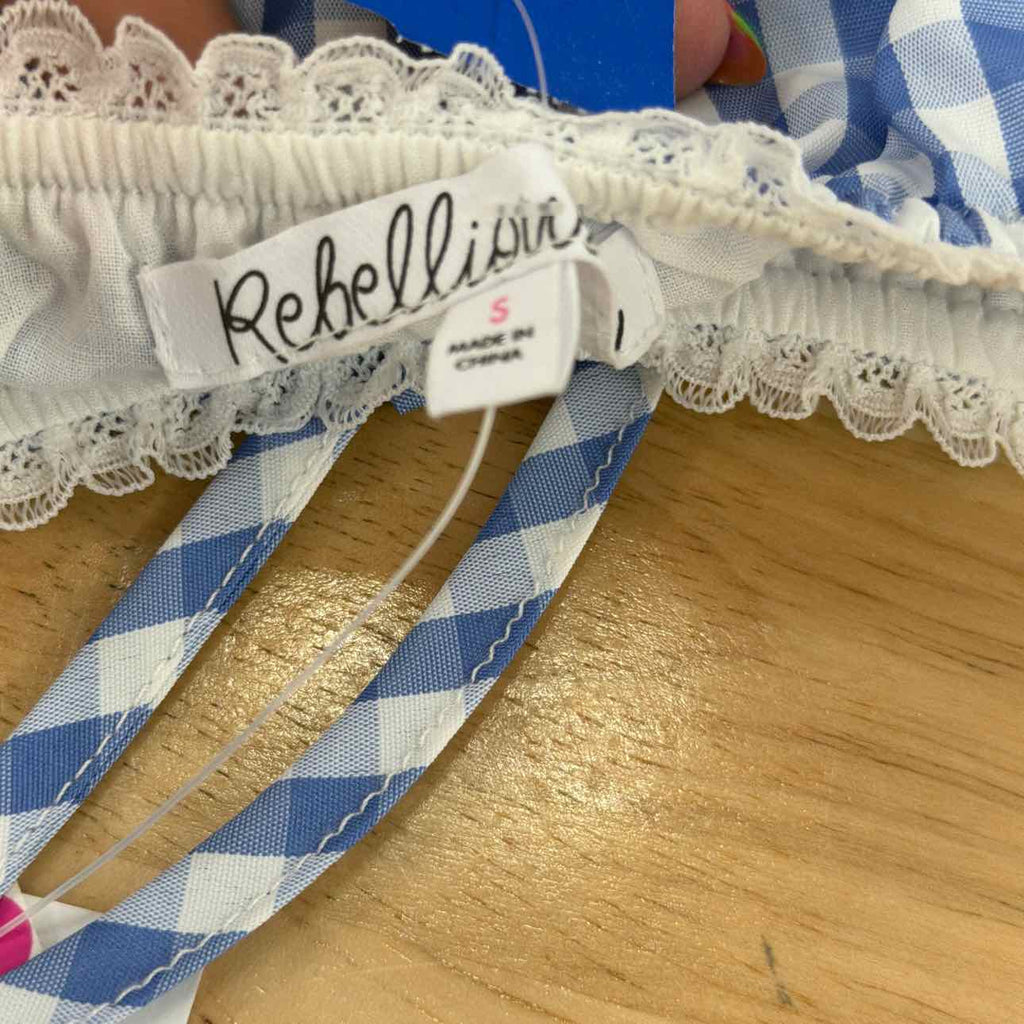 Rebellious One Size S Gingham Shirred Strapless Top - Baby Blue