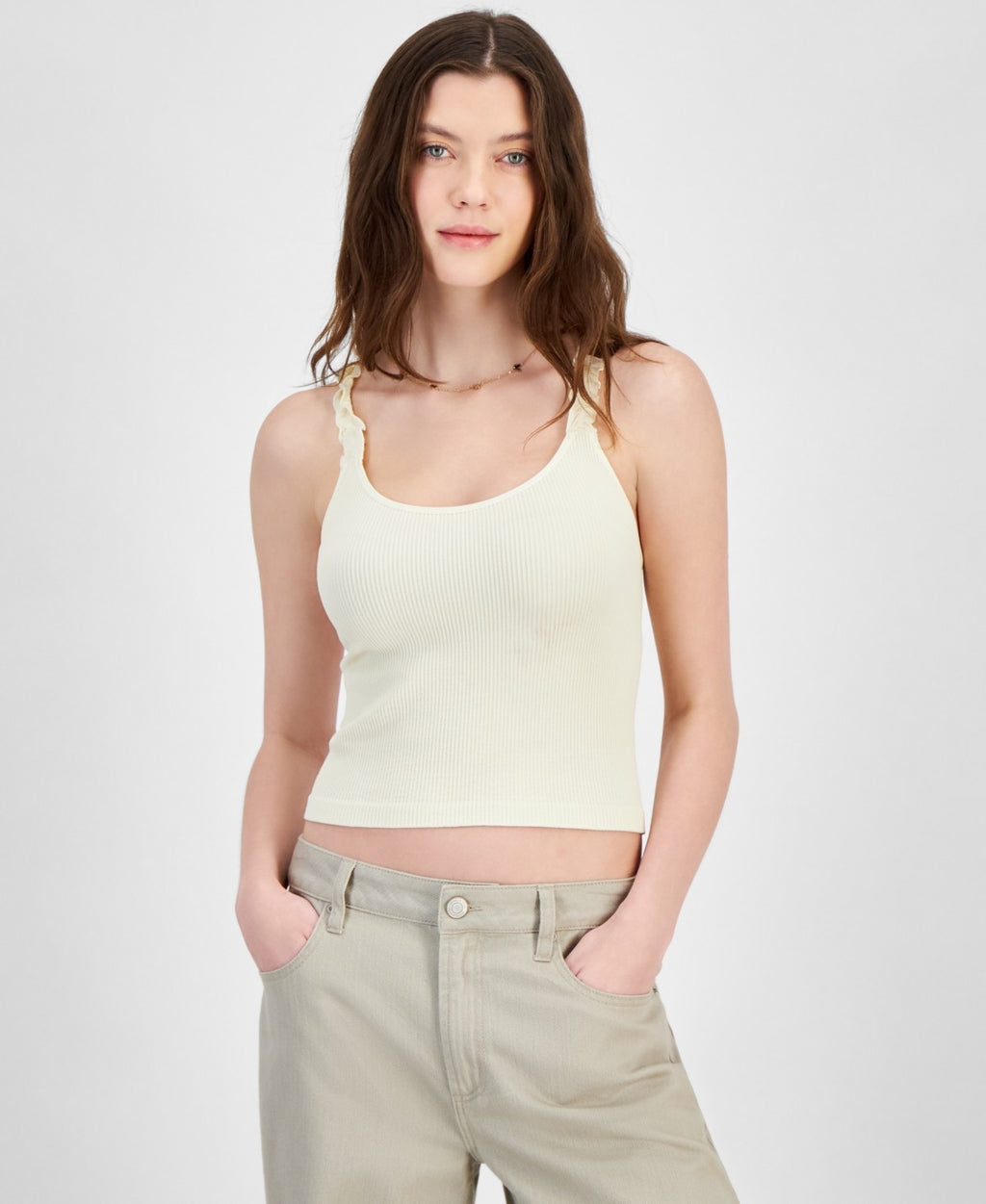 Hippie Rose Juniors' Ruffle Strap Seamless Tank - Bone