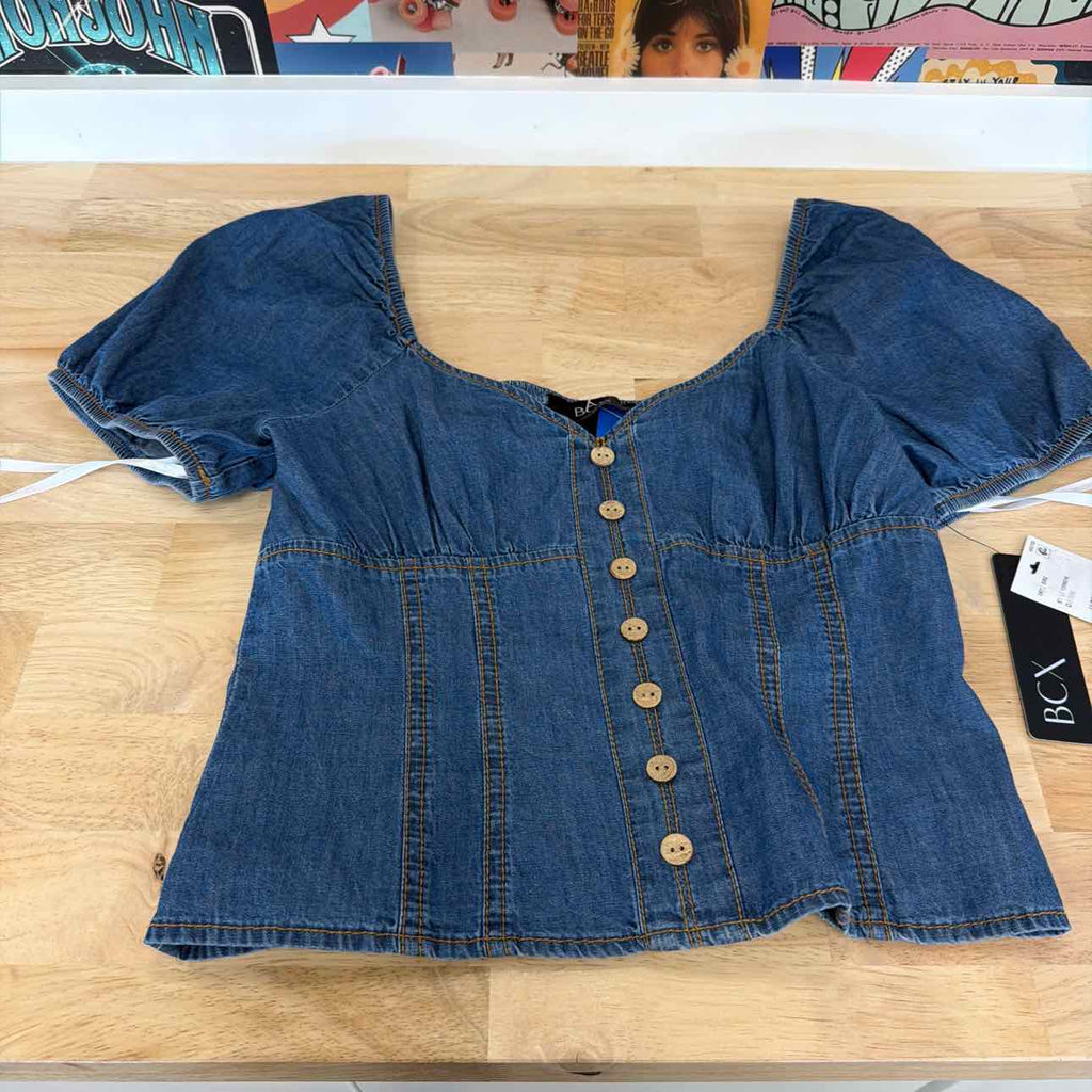 BCX Size S Denim Puff-Sleeve Sweetheart-Neck Top