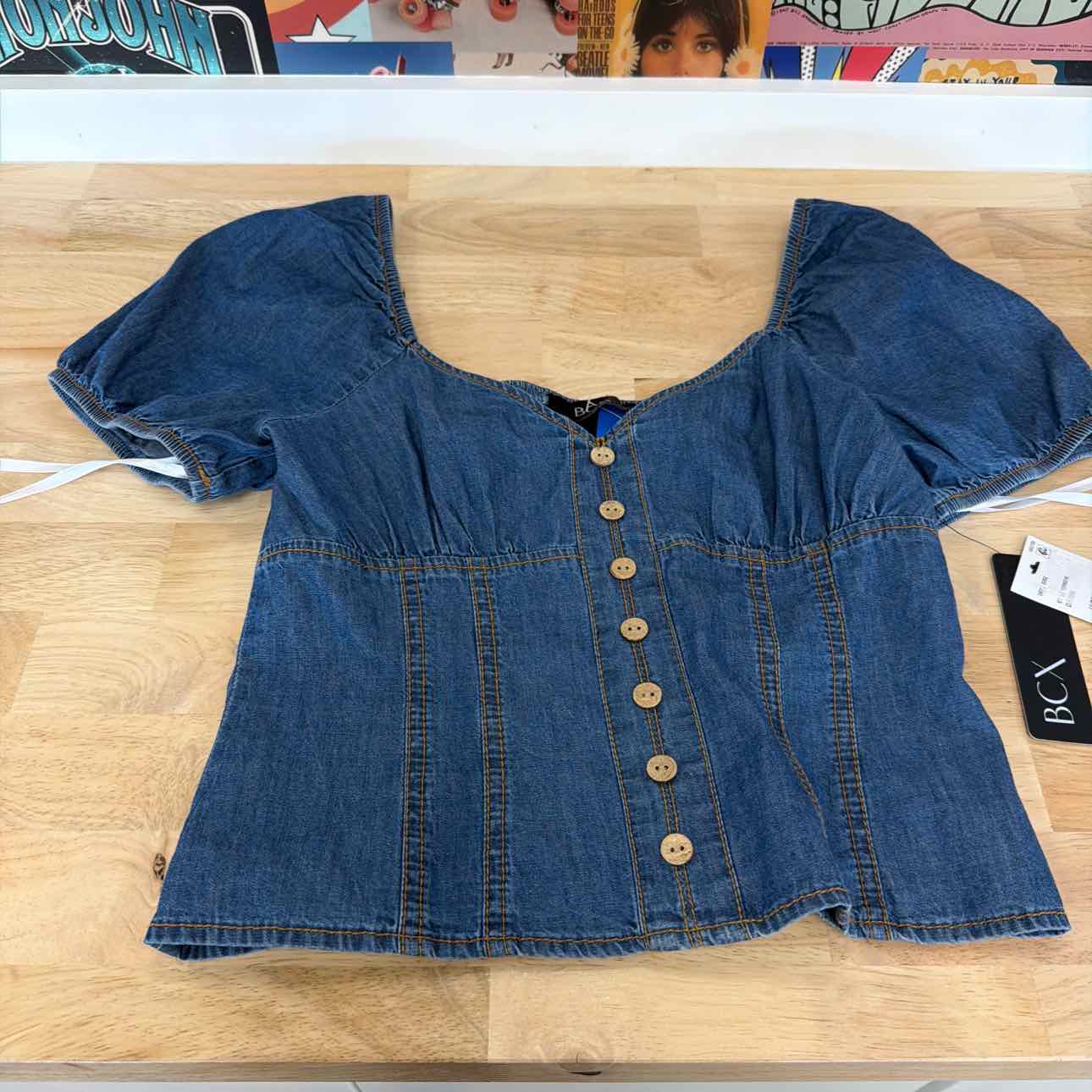 BCX Size S Denim Puff-Sleeve Sweetheart-Neck Top