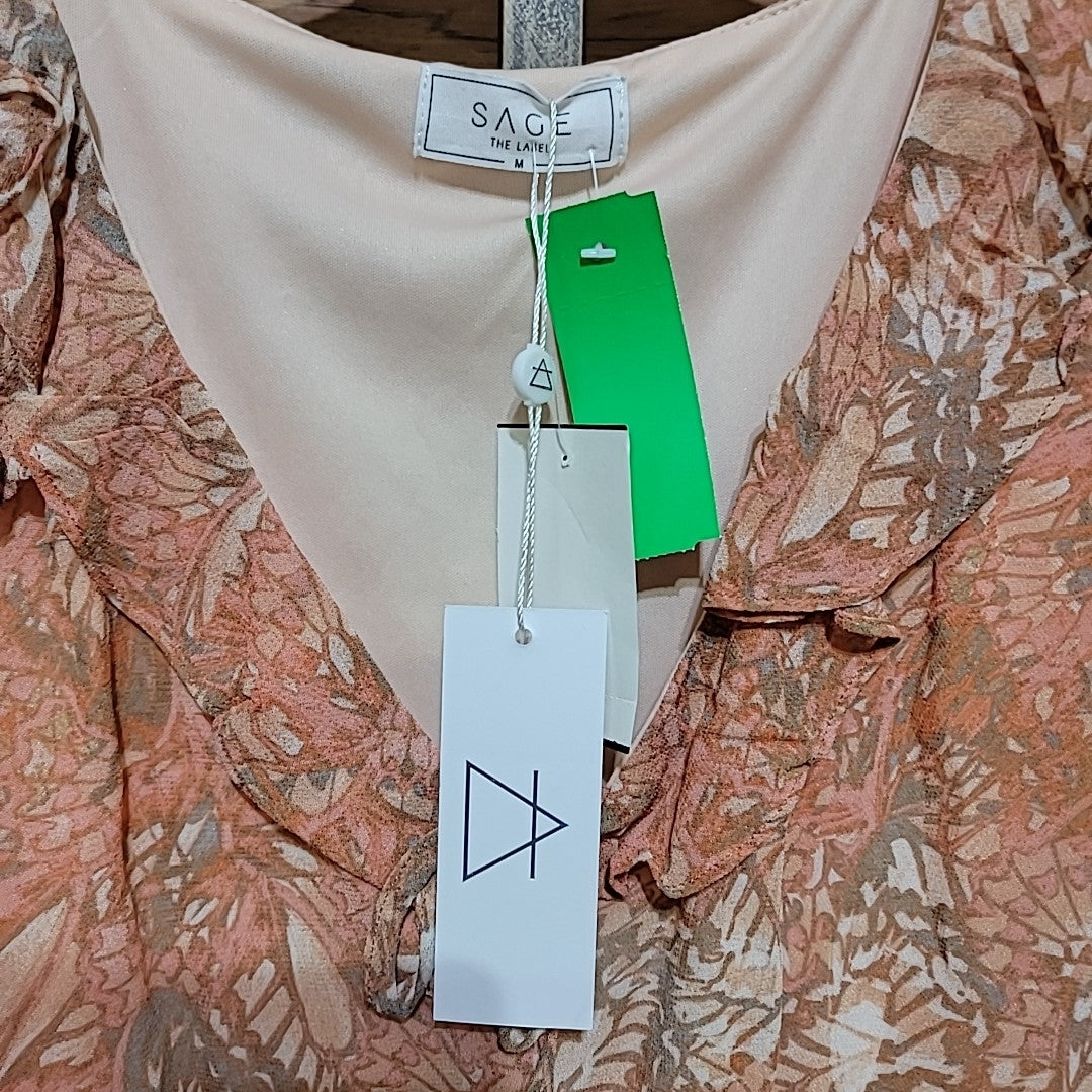 Sage the Label Size M Peach Print V-Neck Puff Sleeve Blouse NWT
