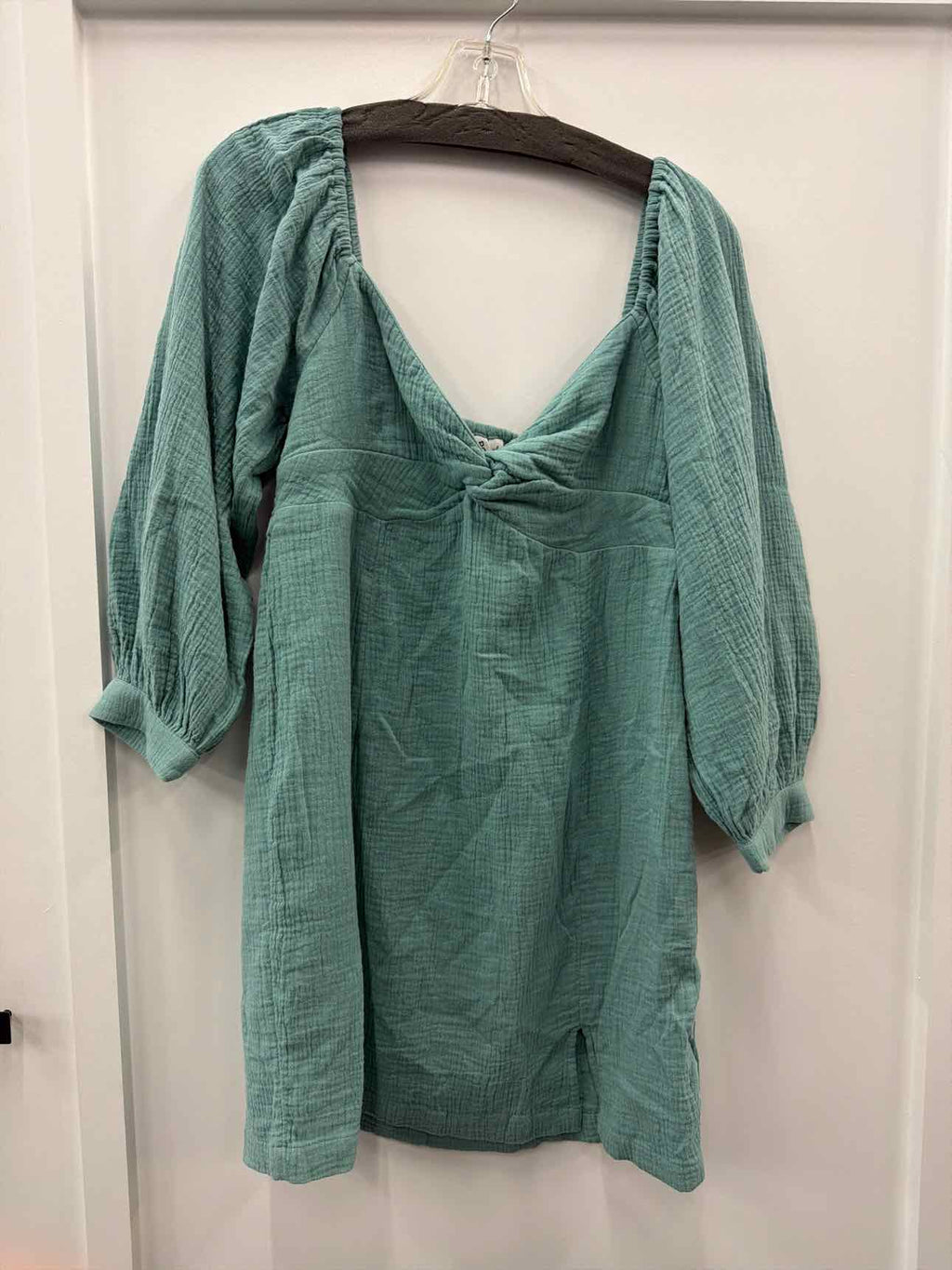 ROXY Mini Dress Sz L Mineral Blue V-Neck Peasant Sleeves New with Tags