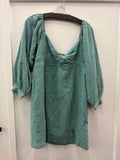ROXY Mini Dress Sz L Mineral Blue V-Neck Peasant Sleeves New with Tags