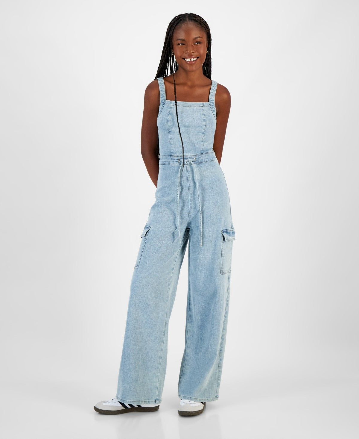Tinseltown Juniors' Wide-Leg Square-Neck Tie-Front Cargo Jumpsuit - Bayside Wash