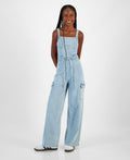 Tinseltown Juniors' Wide-Leg Square-Neck Tie-Front Cargo Jumpsuit - Bayside Wash