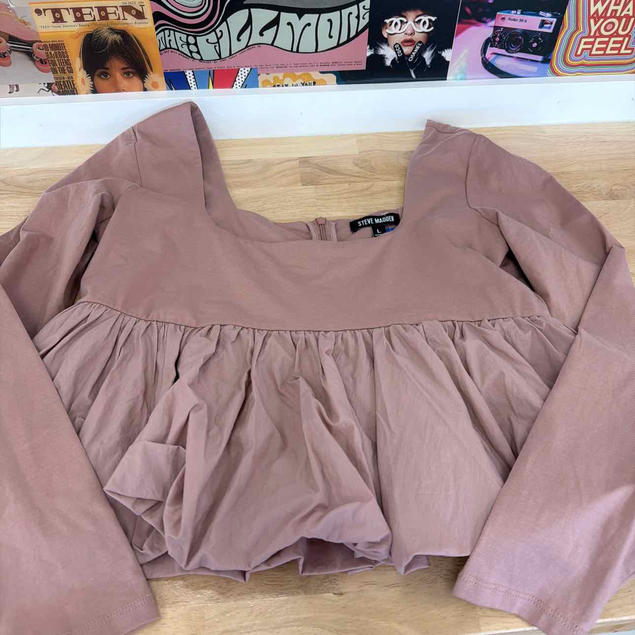 Steve Madden Size L Avielle Long-Sleeve Peplum Top