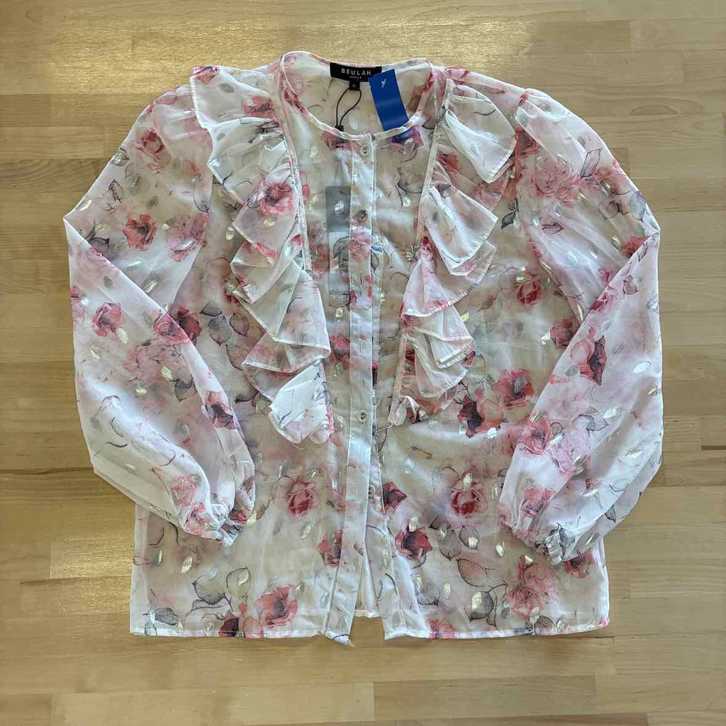 Beulah Size M Pink Print 2 pc Cascade Ruffle Neck Bishop Sleeve Top & Skirt NWT