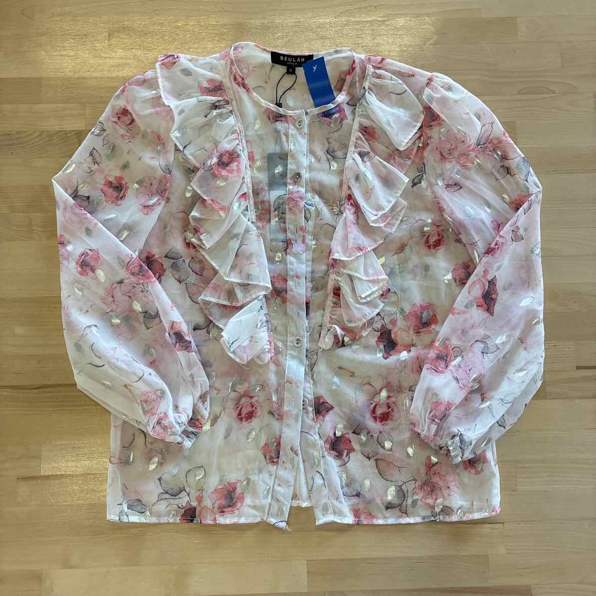 Beulah Size M Pink Print 2 pc Cascade Ruffle Neck Bishop Sleeve Top & Skirt NWT