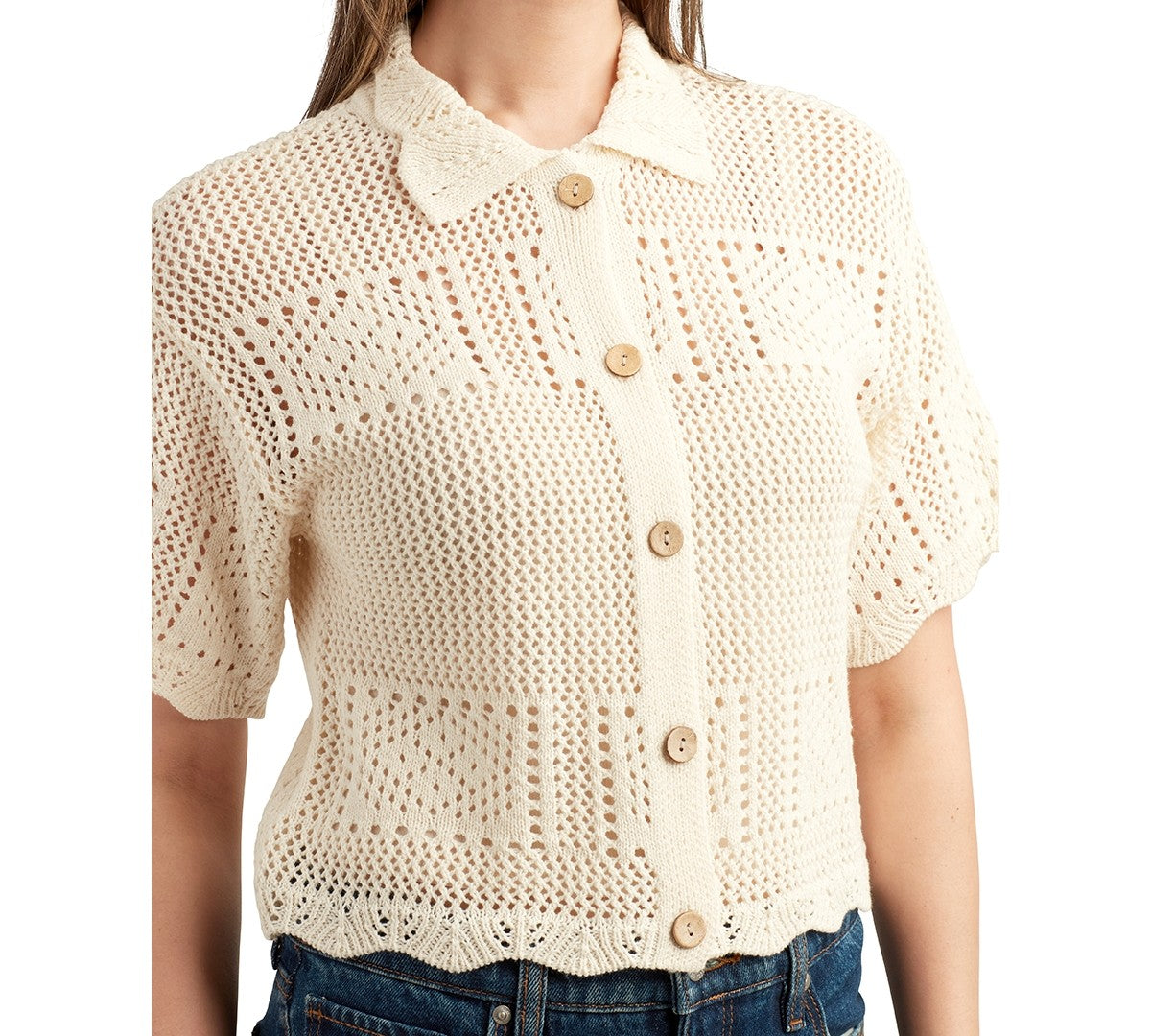 Bcx Juniors' Short-Sleeve Scalloped Cardigan Sweater - Ivory