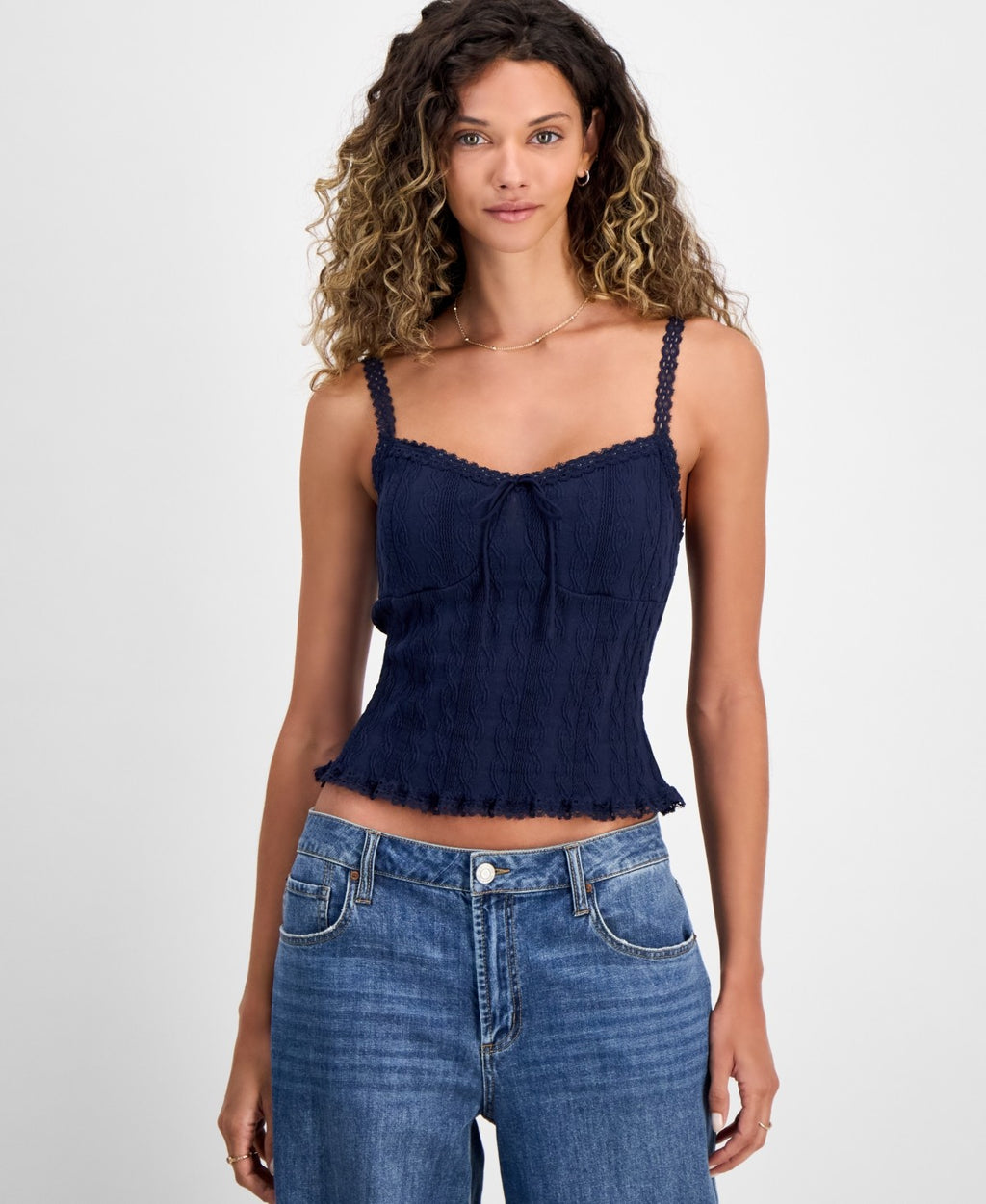 Just Polly Size XL Textured-Knit Lace-Trim Cami Top - Navy