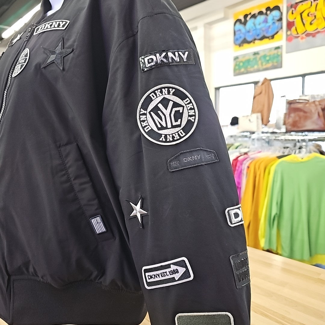 DKNY Women's Long Sleeve Nylon Pins and Patches Bomber Jacket