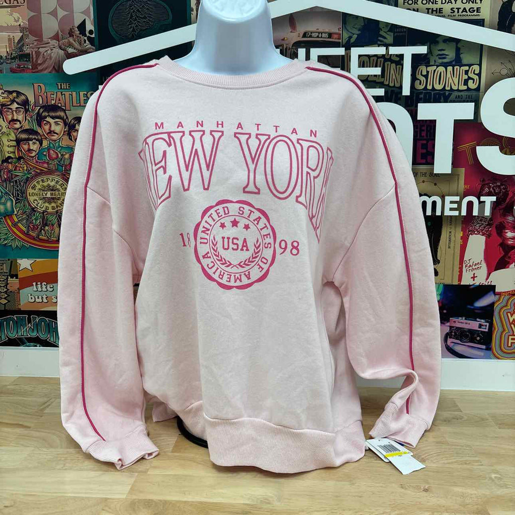 Rebellious One Juniors' New York Flocked Graphic Sweatshirt - Ballet Slipper