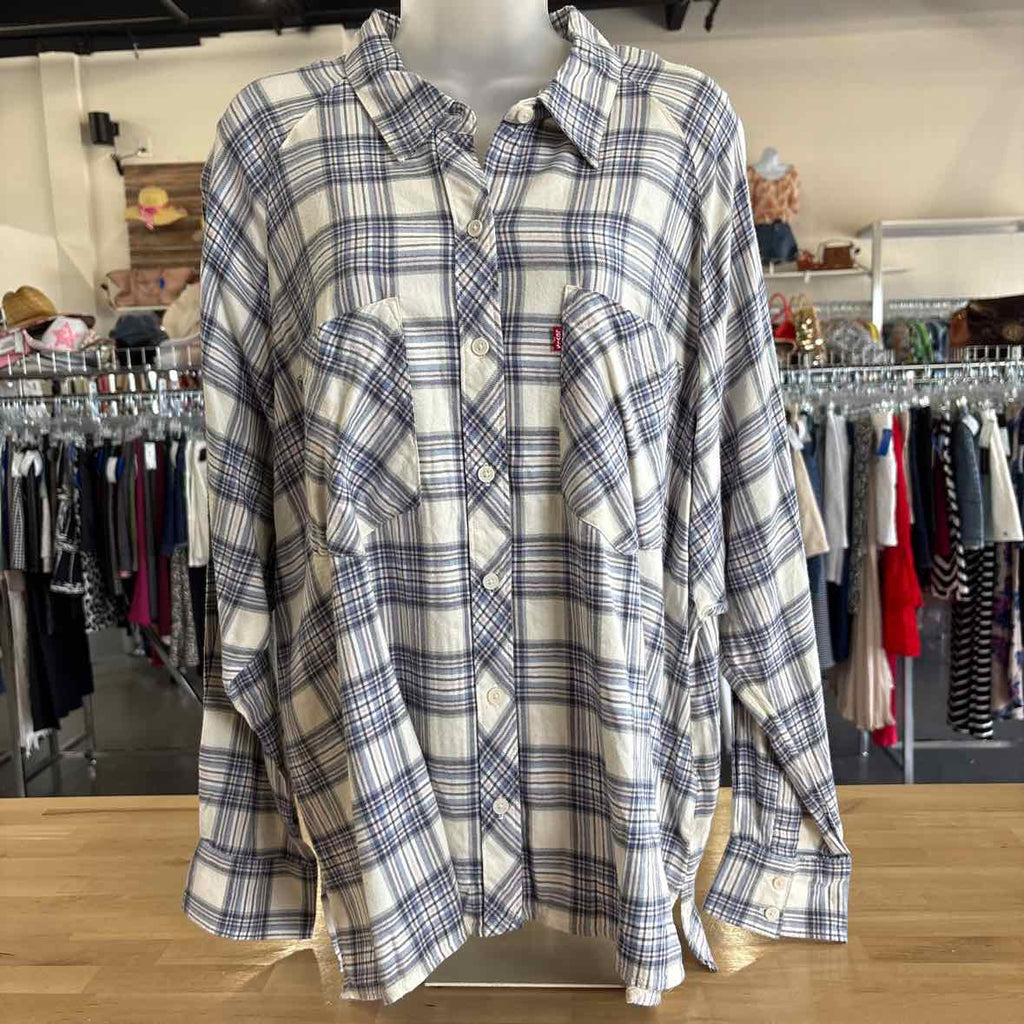 Levi's Size XL Pink Blue Button Down Harrison Raglan Shirt- Clayton Plaid Indigo