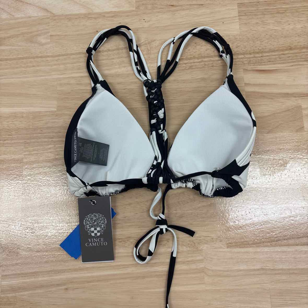 Vince Camuto Size L Printed Tie-Front V-Neck Bikini Top - Black
