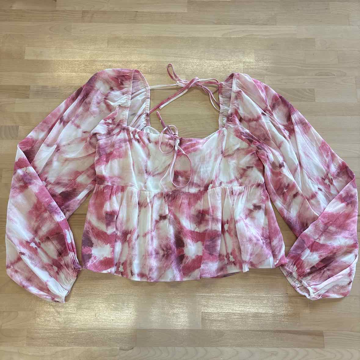 Lucy Paris Size L Pink Print Tie-Dye Bishop Sleeve Cropped  Blouse NWT