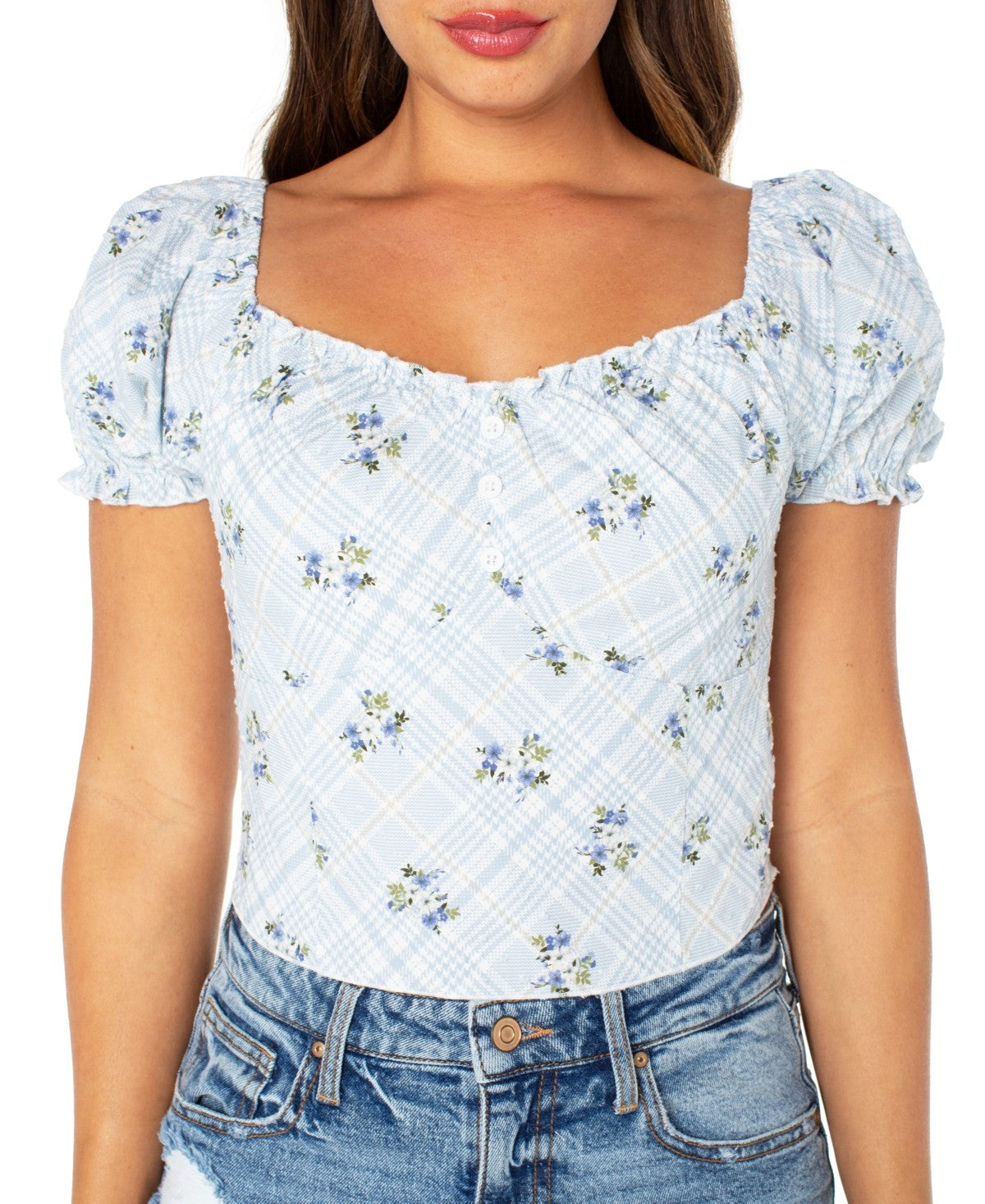 Celebrity pink Size L Cropped Puff-Sleeve Top - Baby Blue Plaid Ditsy