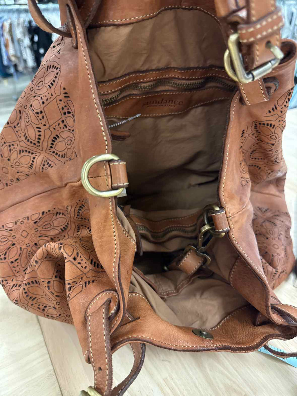 Sundance Tan Laser Cut Leather Boho Preloved Handbag