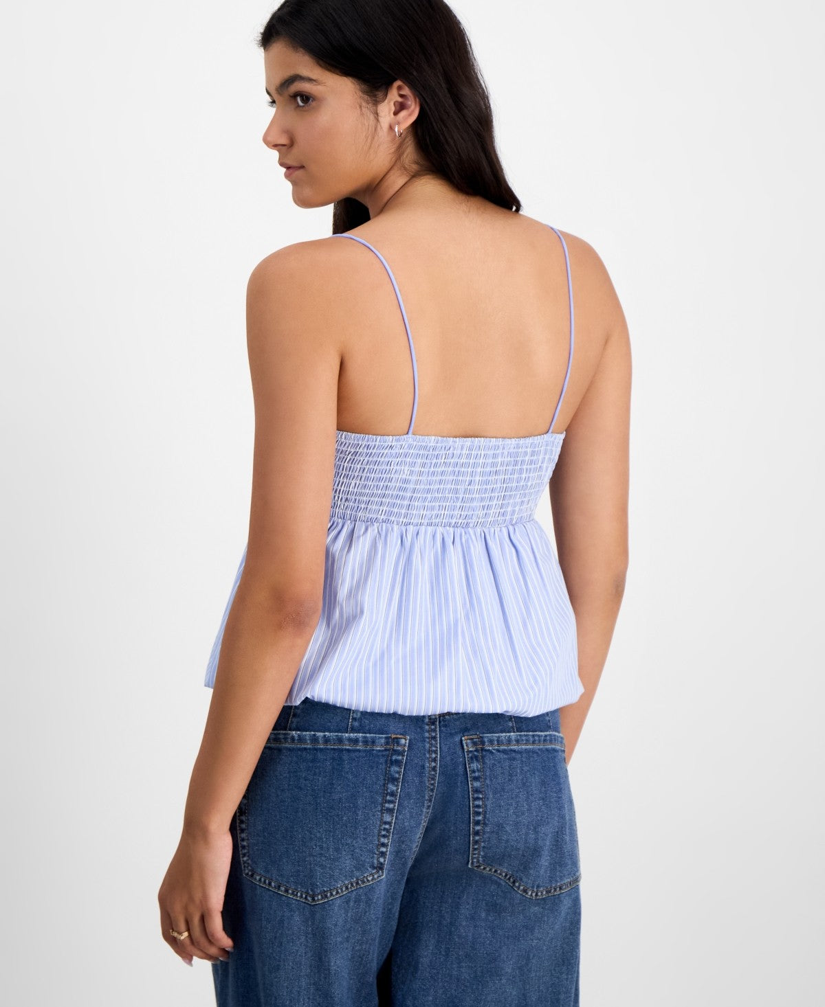 Madden Girl Juniors' Poplin Bubble Tank Top - Blue/White Stripe