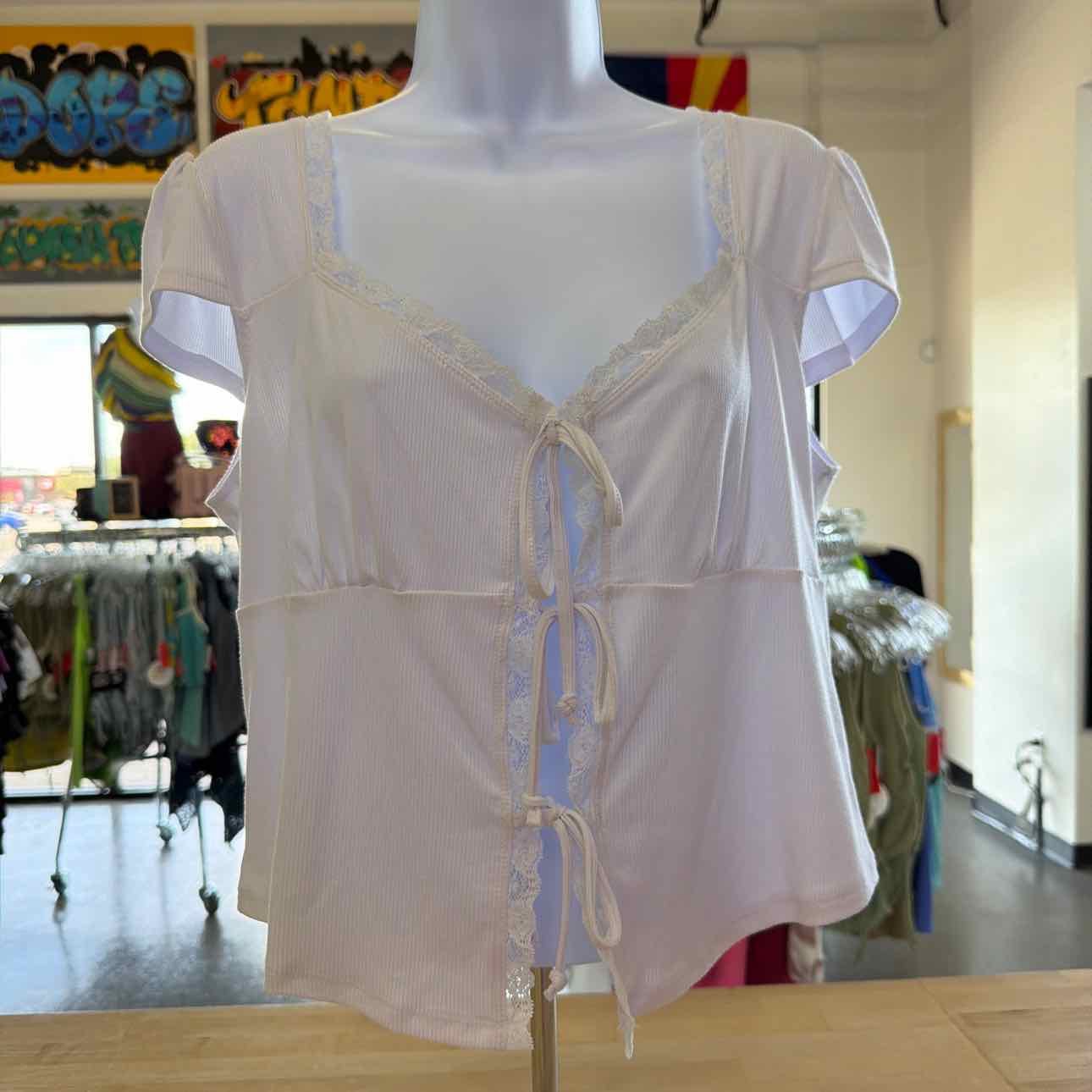 Just Polly Juniors' Lace Trimmed Tie-Front T-Shirt - White