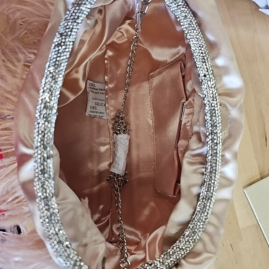 Nina Crystal Handle Feather Pouch - Pearl Rose