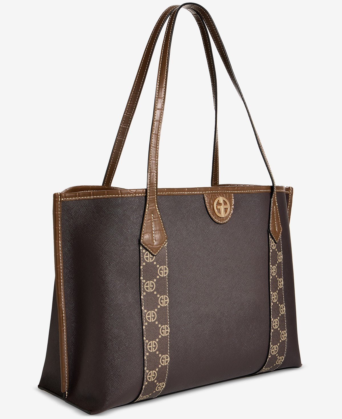 Giani Bernini Extra Large Monogram Block Tote Bag- Rich Coffee/ Walnut Brown