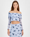 Tinseltown Juniors' Off-the-Shoulder Cropped Mesh Long Sleeve - Light Blue Flora