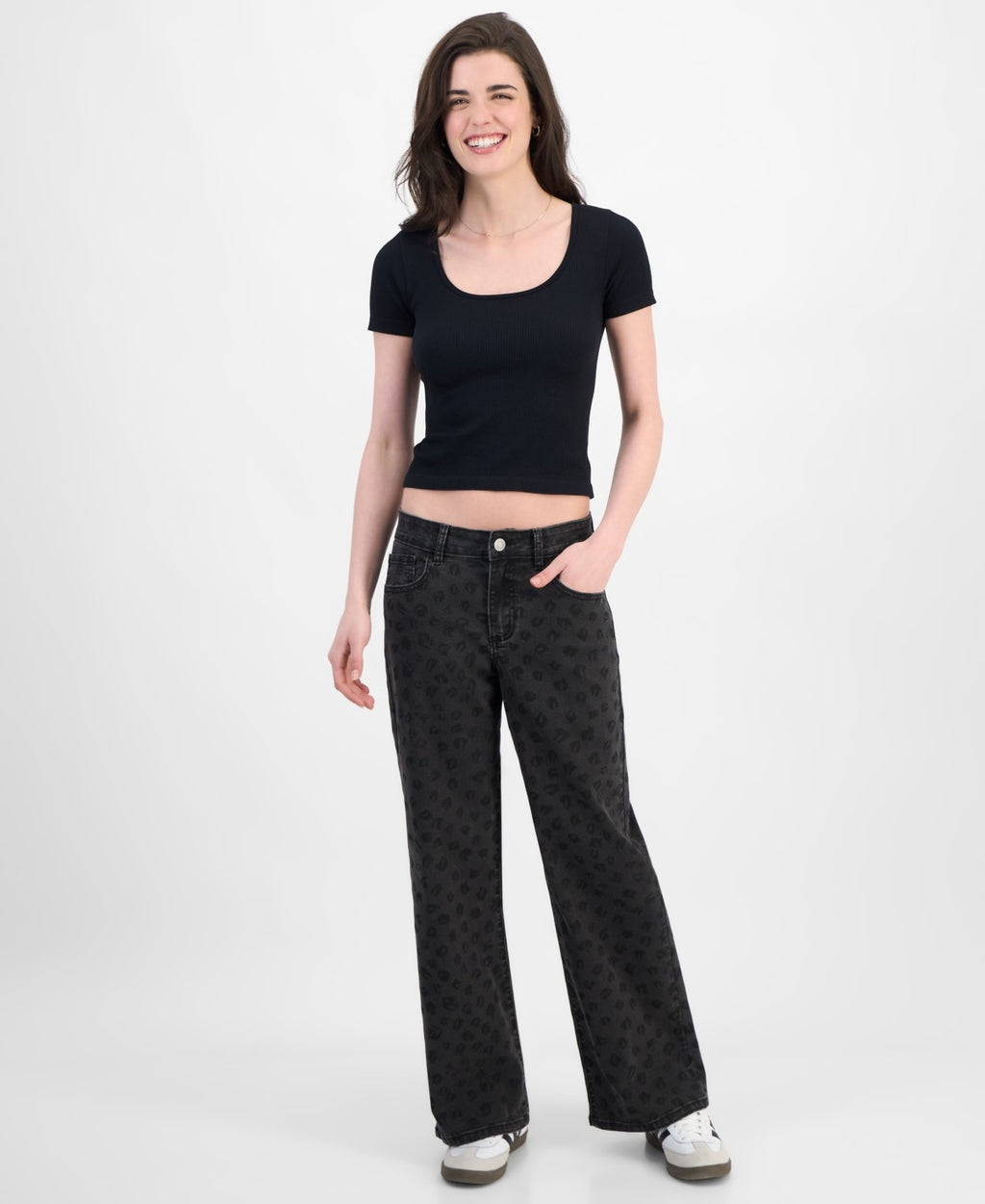 Juniors' Tonal Leopard-Print Wide-Leg Jeans - Black - 3