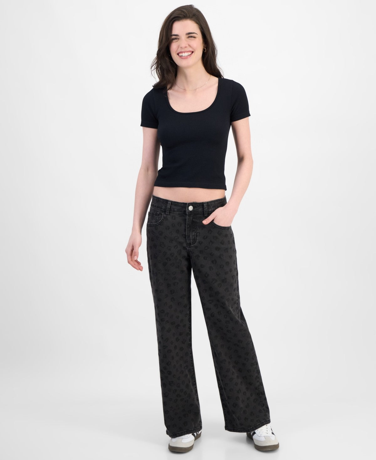 Juniors' Tonal Leopard-Print Wide-Leg Jeans - Black - 3