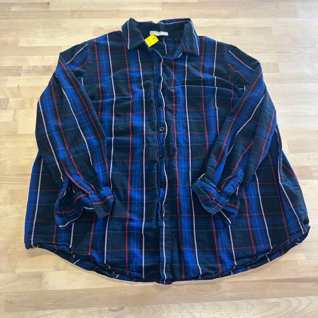 Woman Within Size L Black & Blue Button Down Shirt