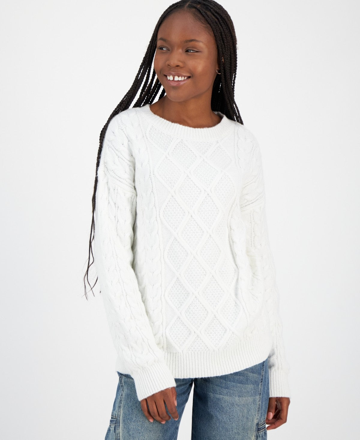 Ultra Flirt Juniors' Rory Chunky Cable-Knit Sweater - Gardenia