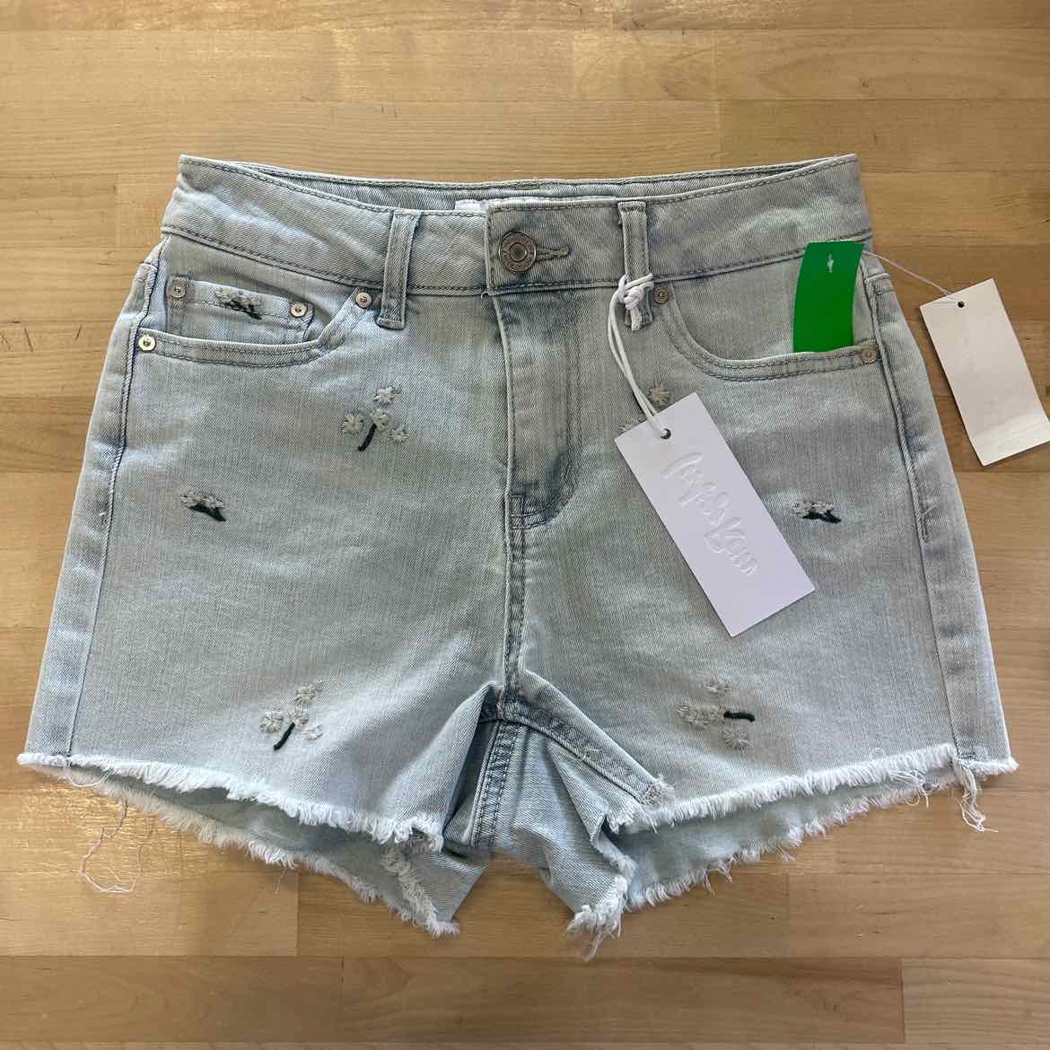 Indigo Rein Juniors' Embroidered Floral Frayed-Hem Denim Shorts - Light Blue