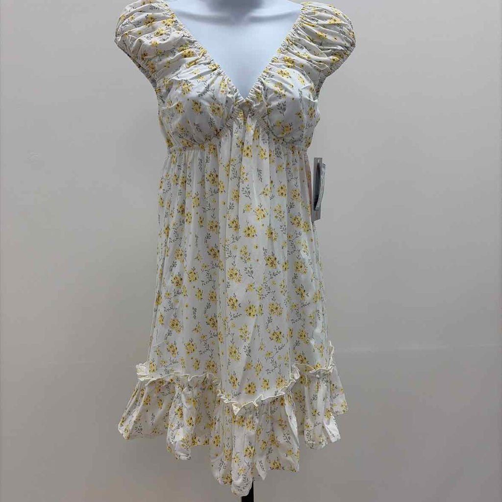 Celebrity pink Size XS Juniors' Printed Babydoll Mini Dress - White/Yellow Flora