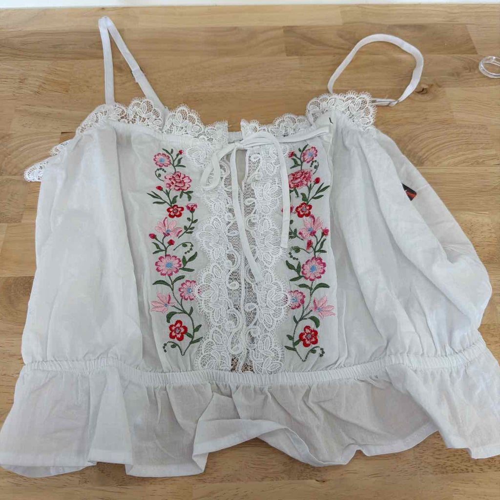 Self E Size L Lace-Trim Embroidered Peplum Tank Top
