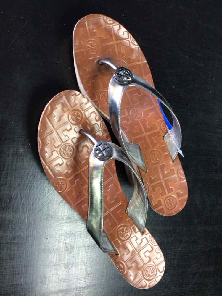 Tory Burch Shoe Size 8.5 Silver Leather Platform Wedge Thong Sandals