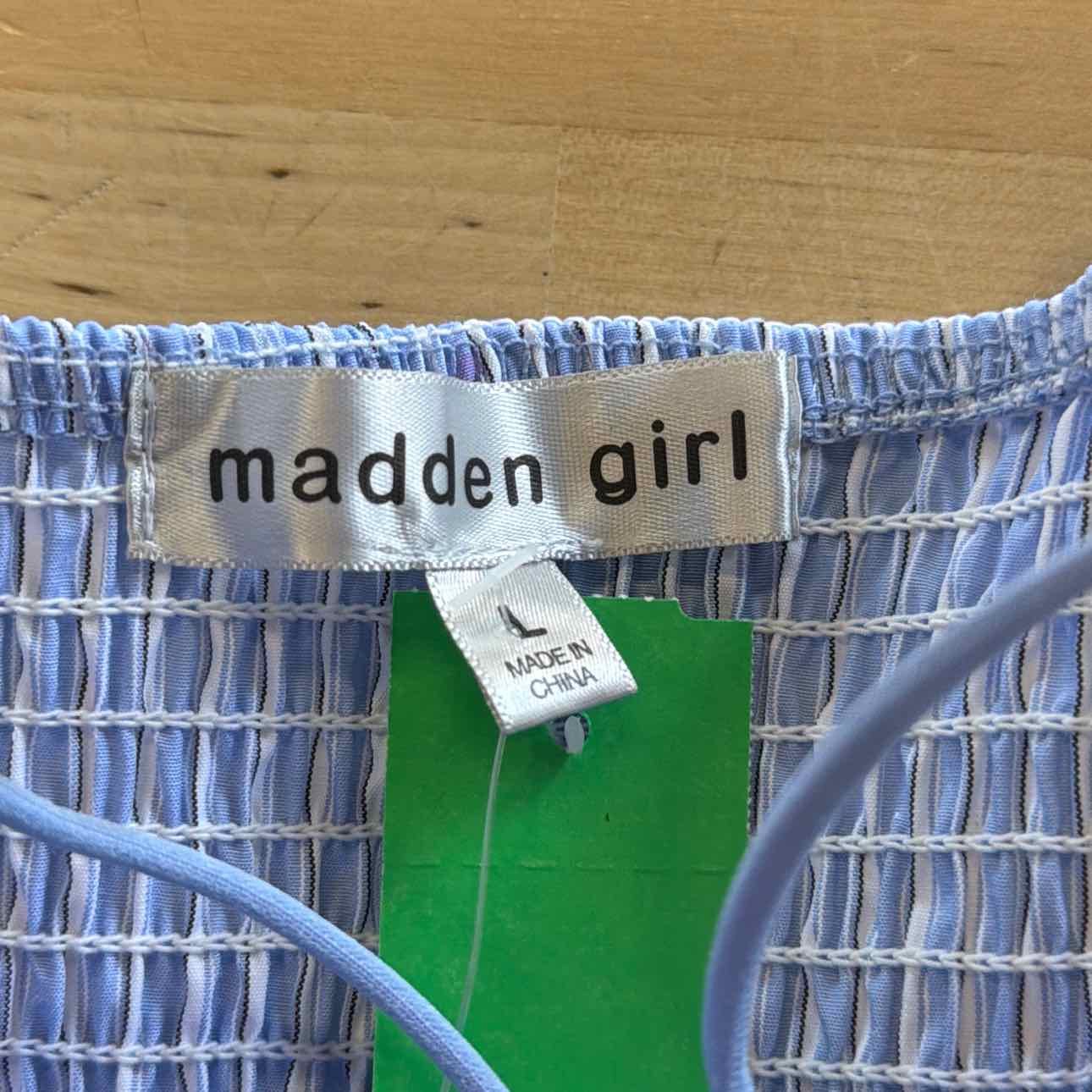 Madden Girl Juniors' Poplin Bubble Tank Top - Blue/White Stripe