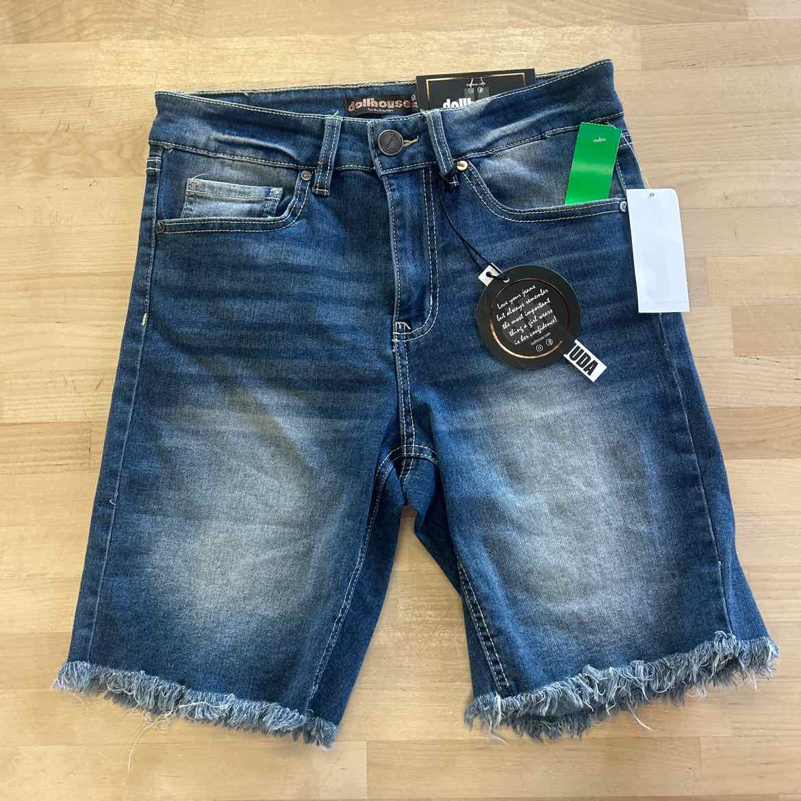 Dollhouse Juniors' Frayed High Rise Denim Bermuda Shorts - Canary Island - 7