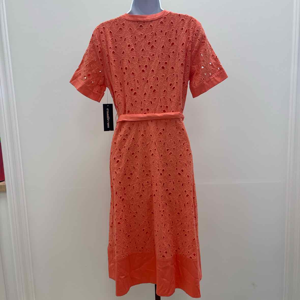 Karl Lagerfield Size 14 Women's Eyelet Cotton a-Line Shirtdress - Coral