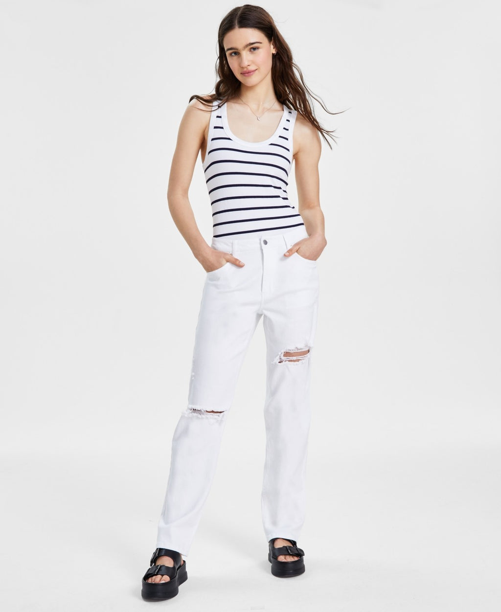 tinceltown Size 1 White Relaxed Ripped High-Rise Straight-Leg Jeans  NWT