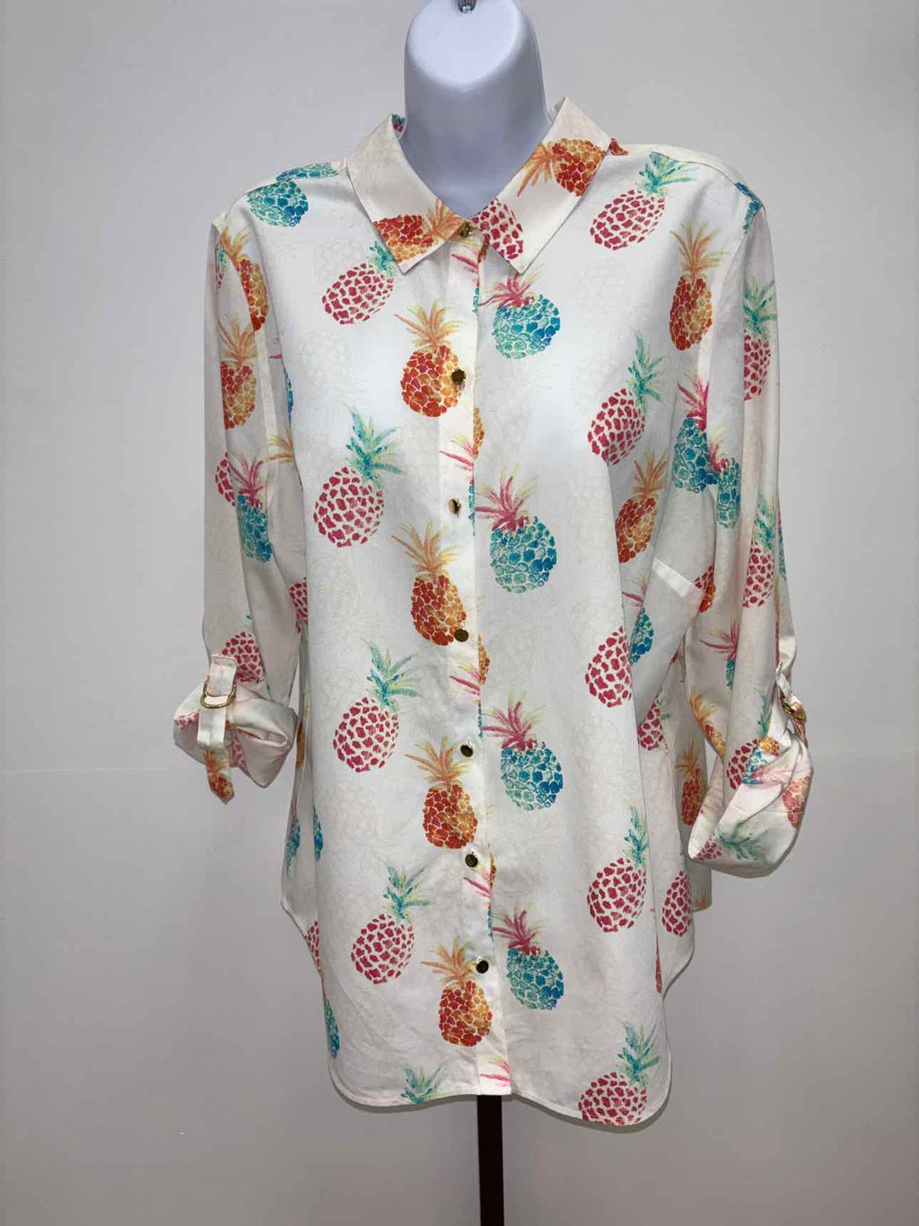 Chico's Size 2 Beige Orange Blouse LS