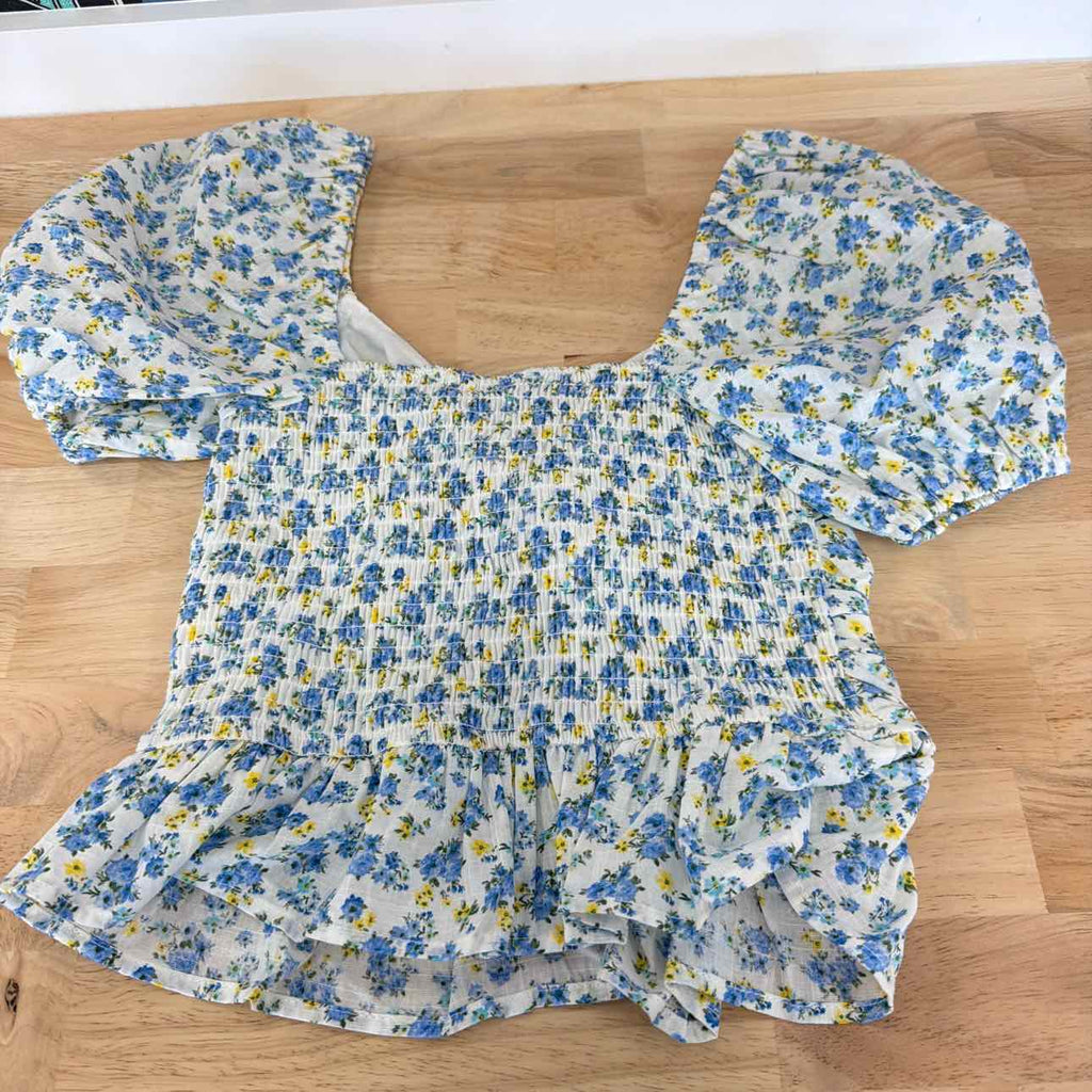 kingston grey Size XS Printed Sweetheart-Neck Puff-Sleeve Top