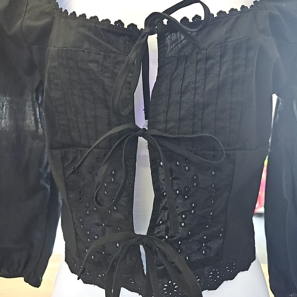 Self Esteem Juniors' Tie-Front Eyelet Top - Black