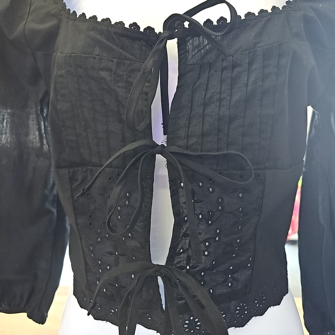 Self Esteem Juniors' Tie-Front Eyelet Top - Black