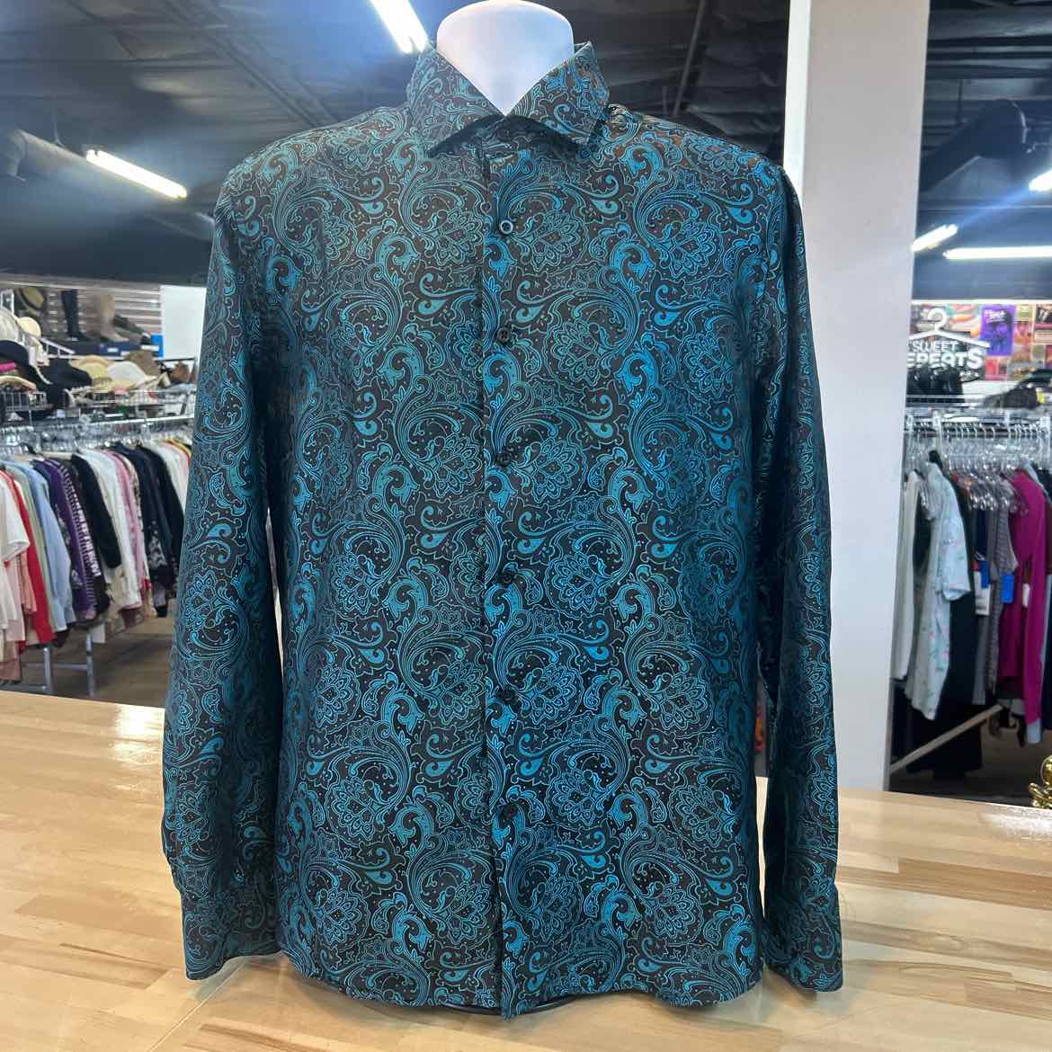 DiBanGu Size L Black & teal Preloved MENS Button Down Shirt