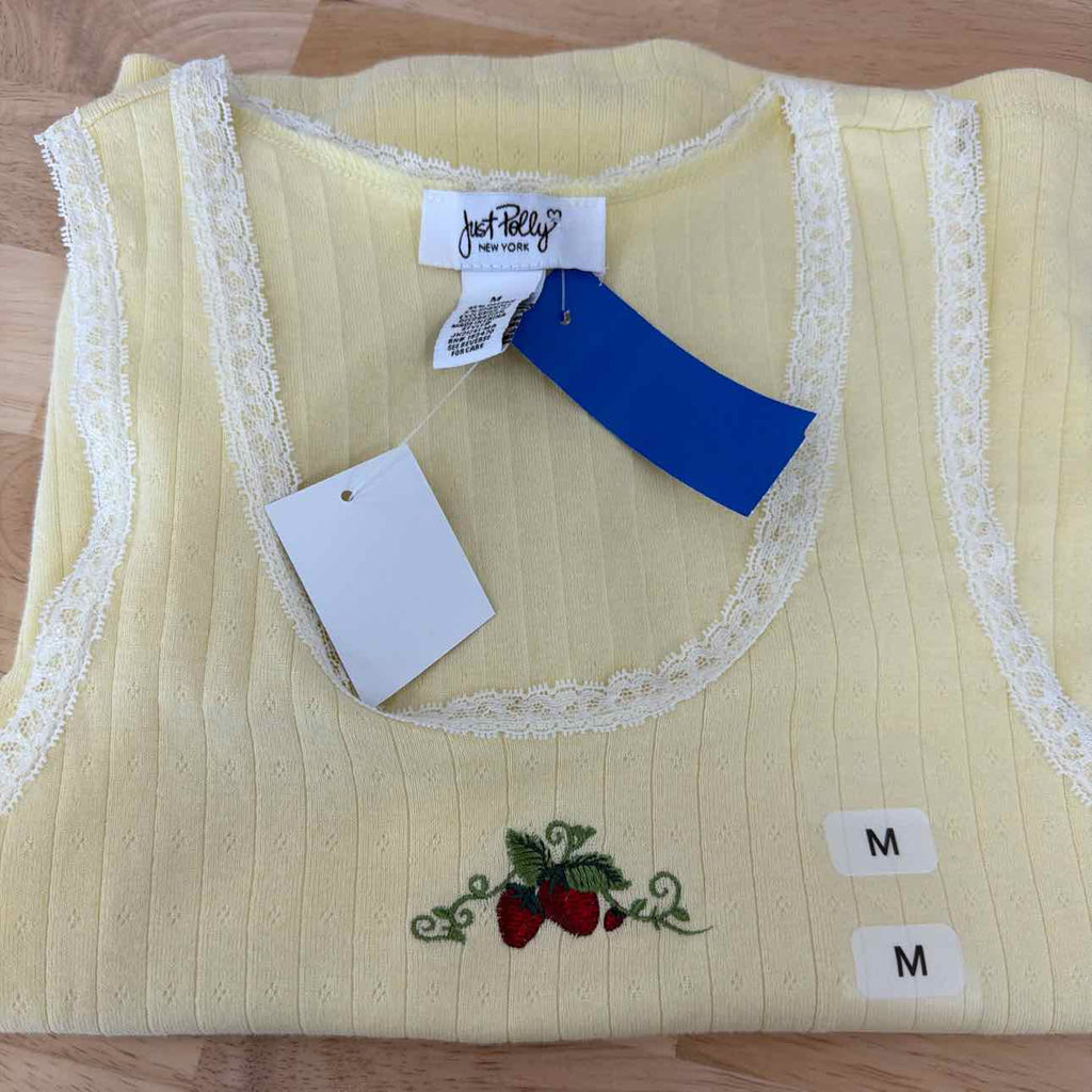 Just Polly Size M Strawberry Embroidered Lace-Trim Tank Top