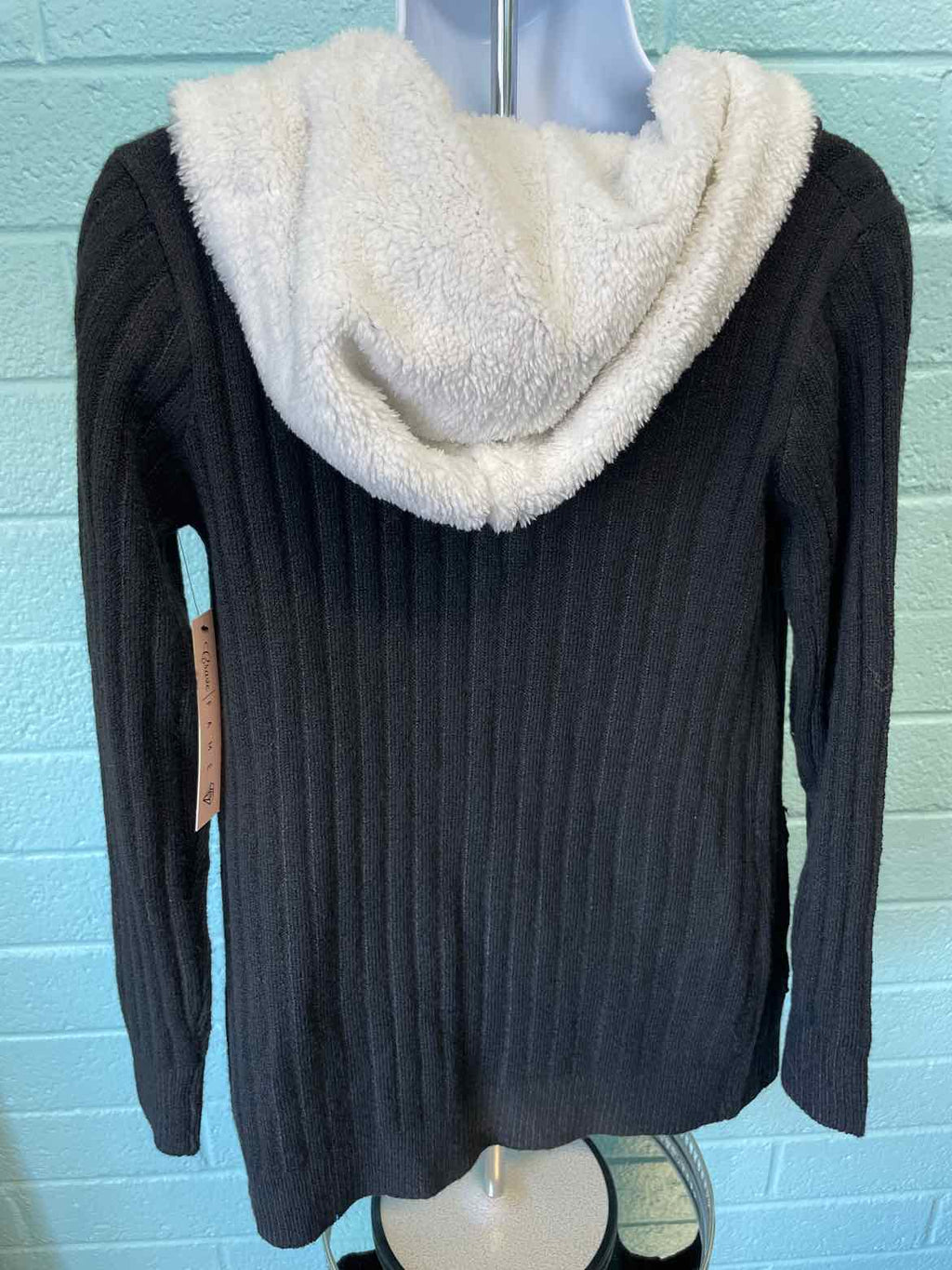 Fame Size XS Cozy Knit Sherpa Trim Cardigan - Black