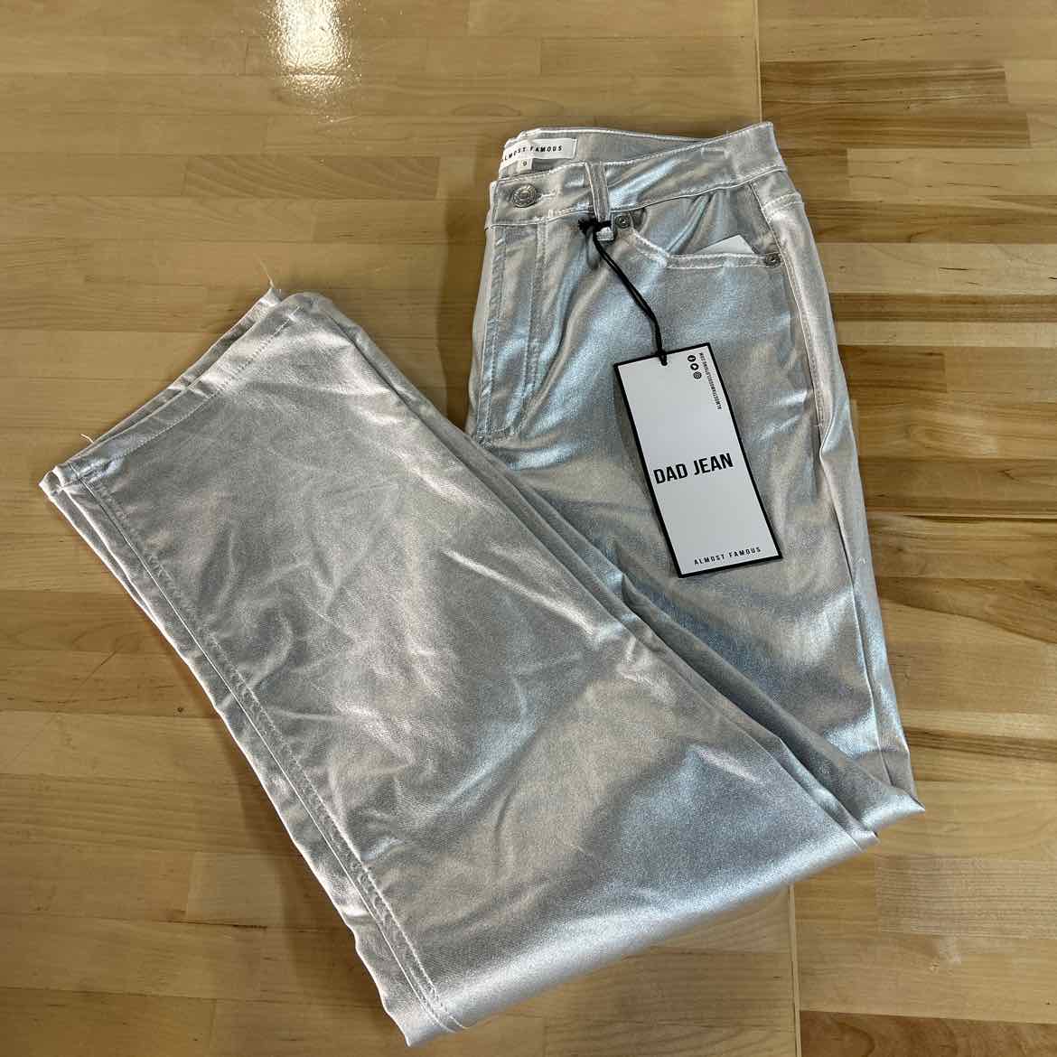 Almost Famous Size 9 Metallic Coated Straight-Leg Pants - Metallic