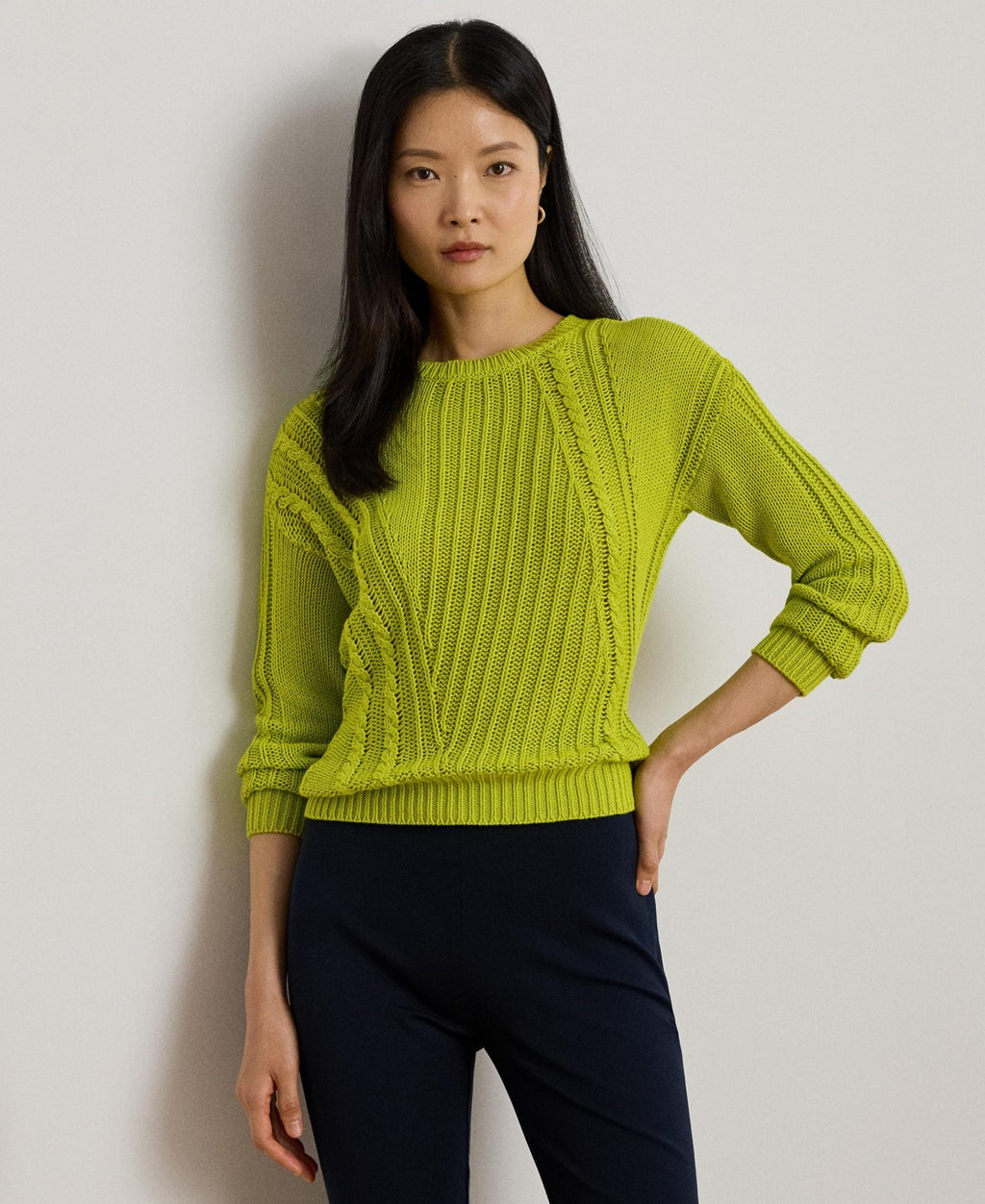 Lauren Ralph Lauren Women's Pointelle-Knit Cotton Crewneck Sweater - Lime Chartr