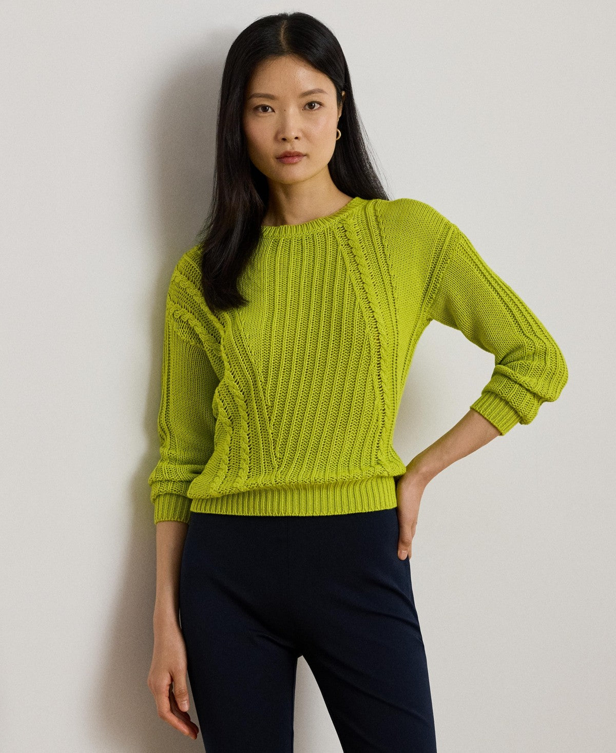 Lauren Ralph Lauren Women's Pointelle-Knit Cotton Crewneck Sweater - Lime Chartr